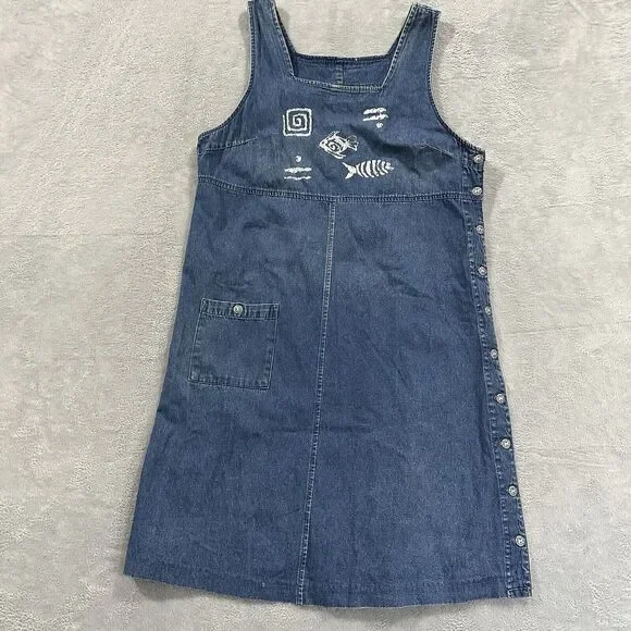 Blue J. Denim Overall Women's Large Maxi Logo Fish Side Buttons Vintage Pocket - Picture 1 of 7